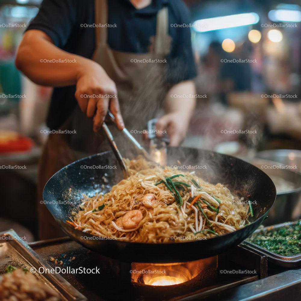 Stir-Fried Noodles with Vegetables in a Professional Street Food Setting Stock Photo Bundle preview 21