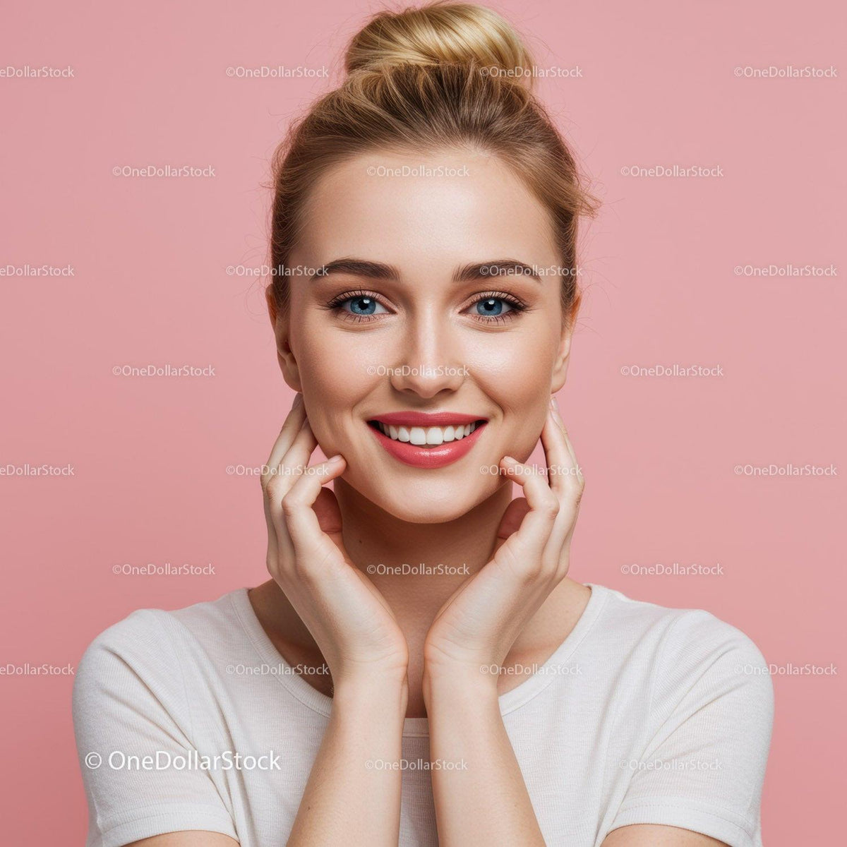 Beautiful Woman Smiling with Flawless Skin and Bright Eyes