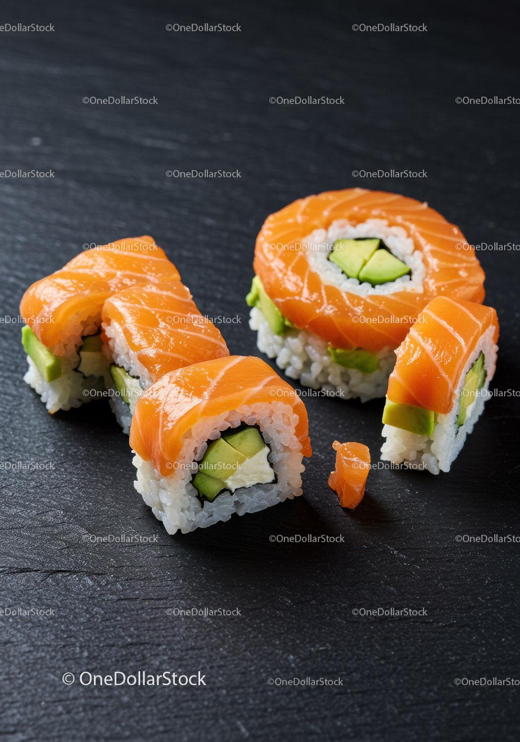 Fresh salmon avocado sushi rolls on dark slate surface