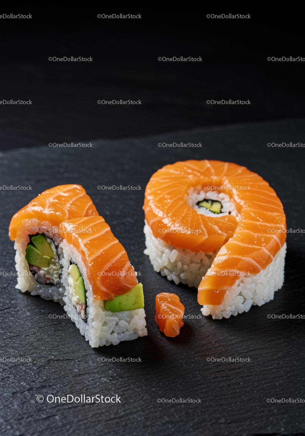 Fresh salmon sushi roll with avocado on dark slate board
