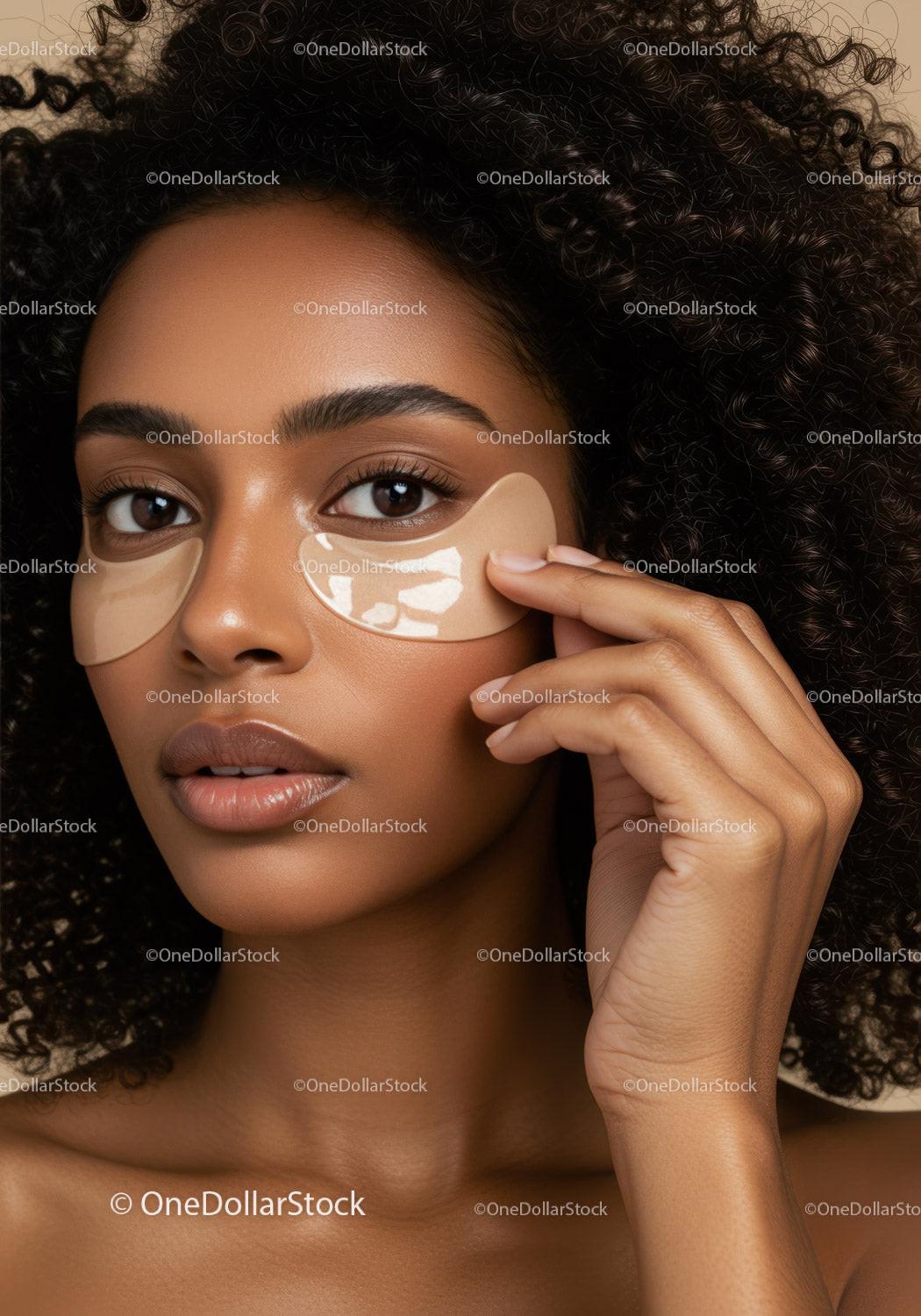 Elegant Black Woman Applying Under Eye Patches for Skin Care