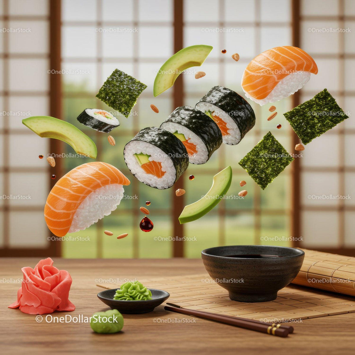 Assorted fresh sushi and ingredients floating above table