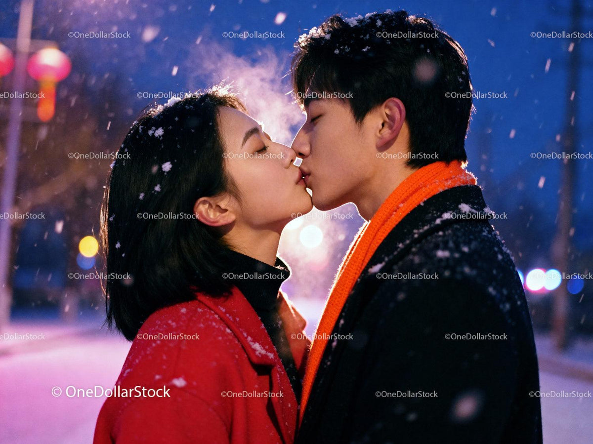 Couple Sharing a Tender Kiss on a Snowy Night