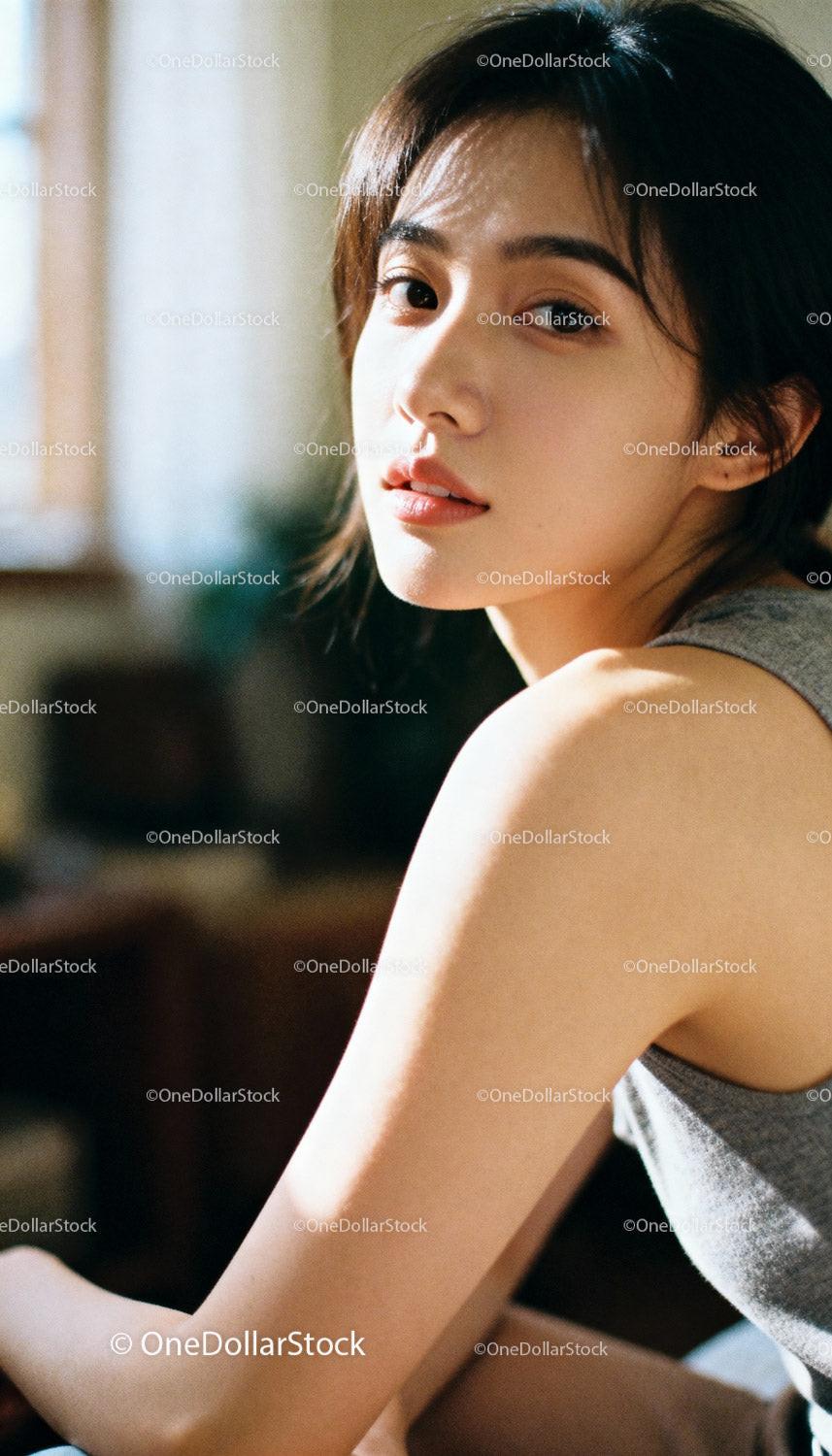 Young woman with natural light reflecting on her face