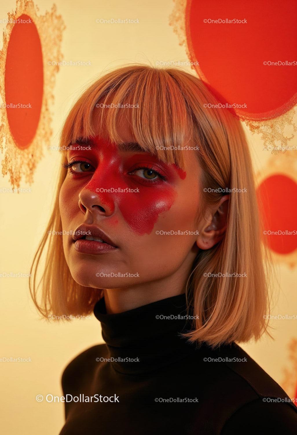 Creative Artistic Makeup Portrait with Red Face Paint and Blonde Hair Stock Photo Bundle creative preview 4