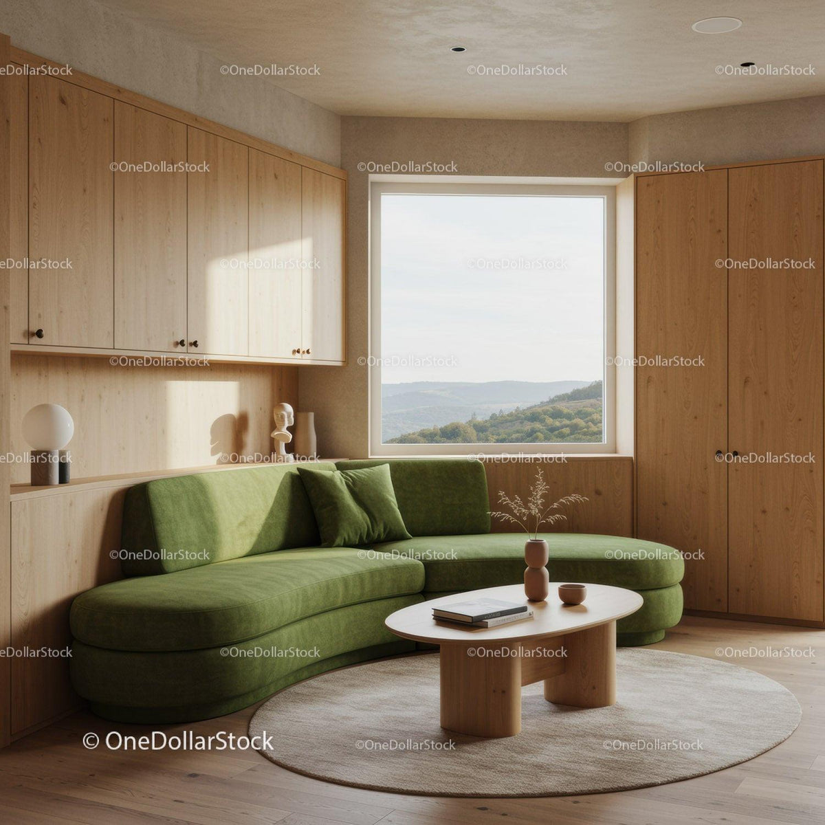 Cozy modern living room with green sofa and nature view
