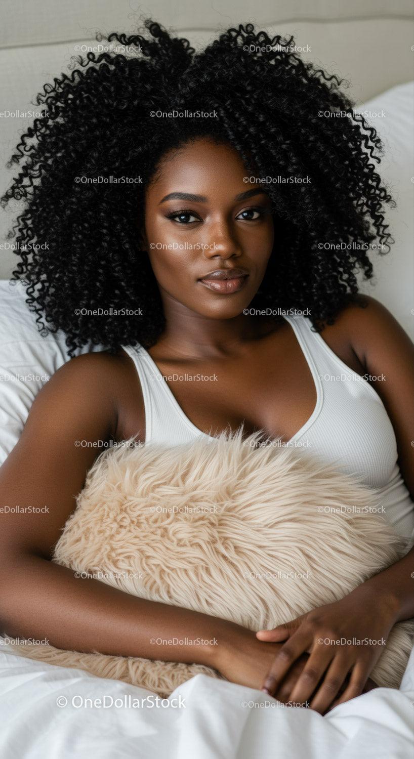Relaxed young woman lying in bed with cozy pillow