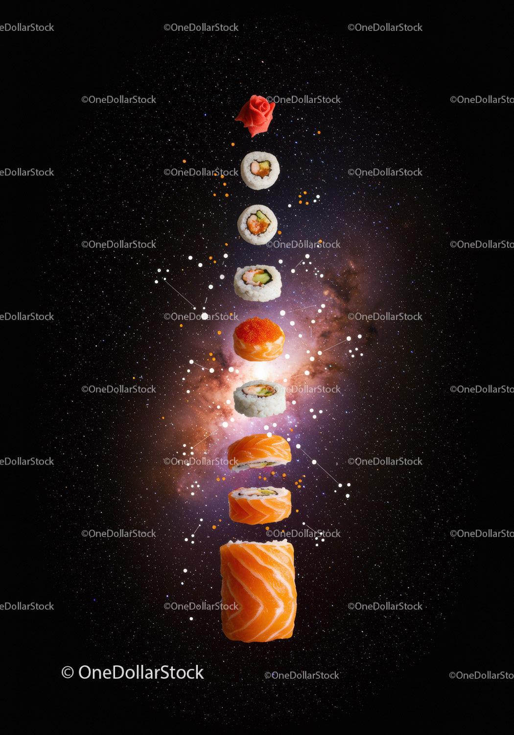 Floating Salmon Sushi Roll Ingredients with Galaxy Background