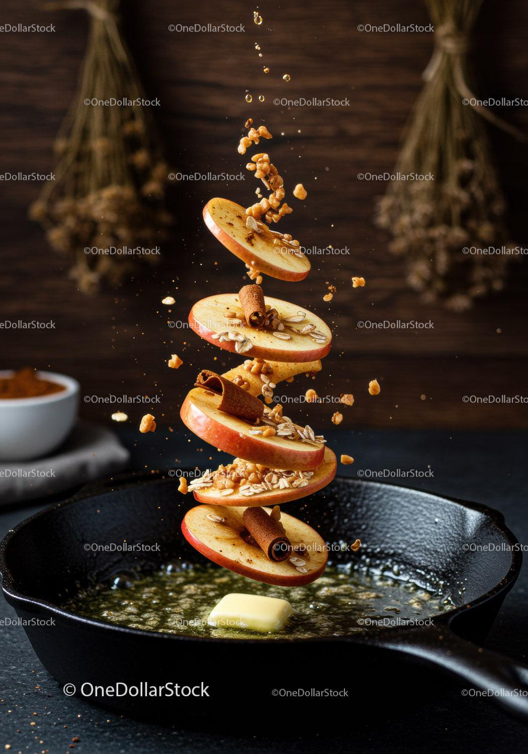 Sliced apple with cinnamon and oats over sizzling butter