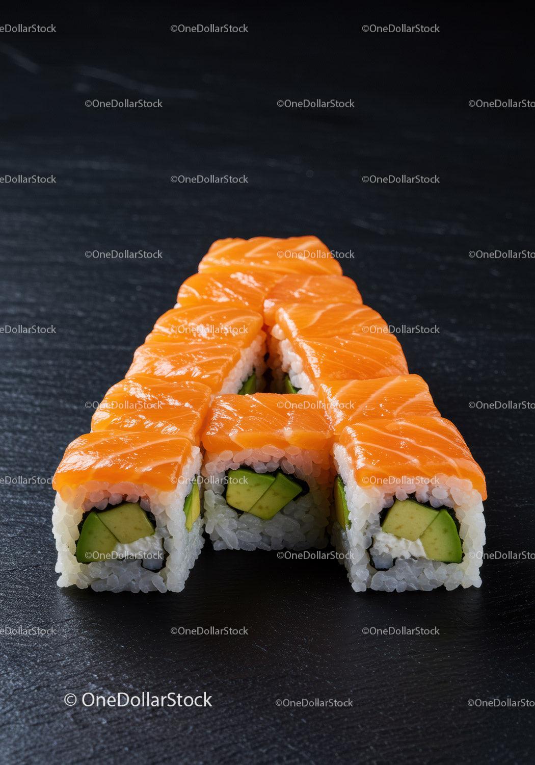 Fresh salmon avocado sushi rolls arranged on black slate