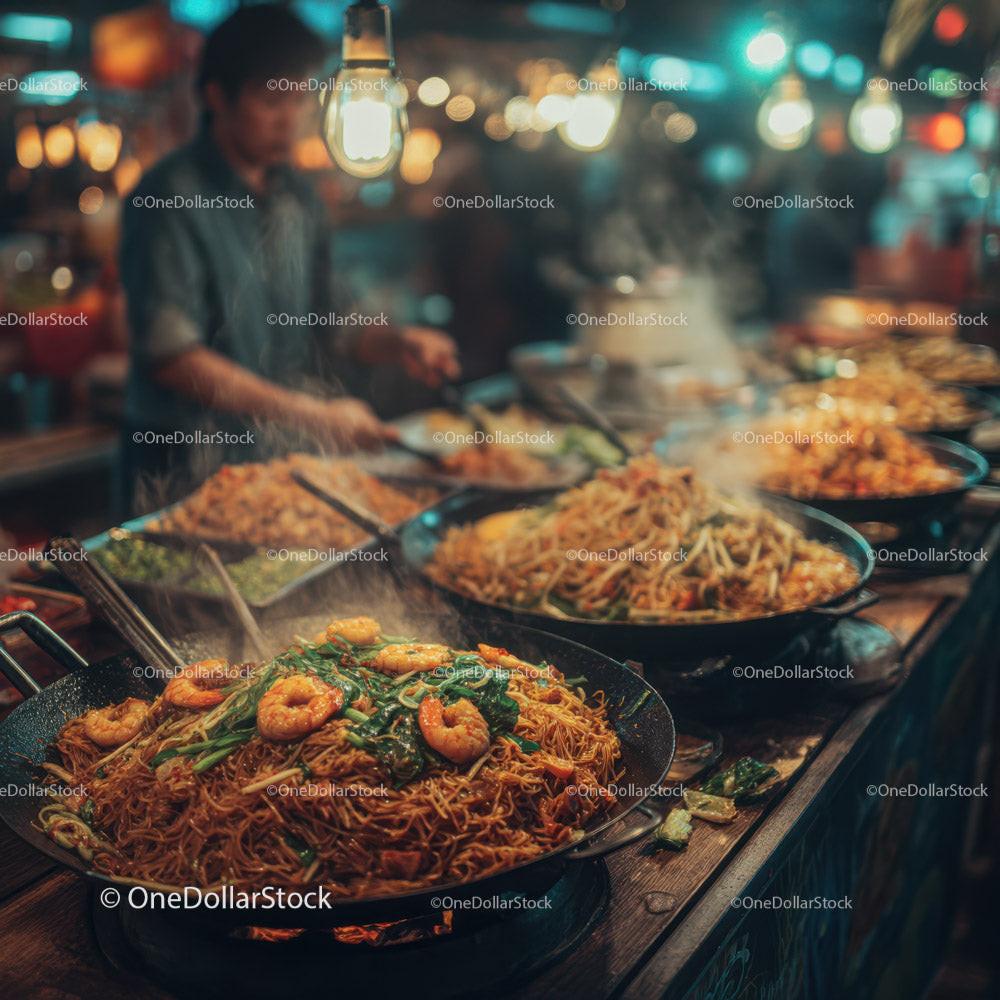 Vibrant Night Street Food Market with Steaming Asian Dishes