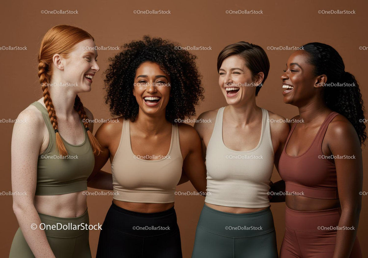 Happy diverse women laughing together in activewear