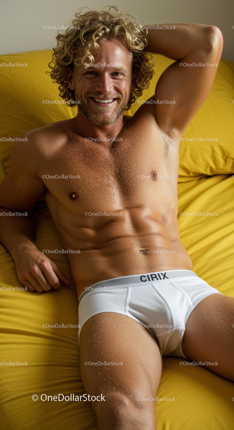Smiling muscular man relaxing on yellow bed in white briefs