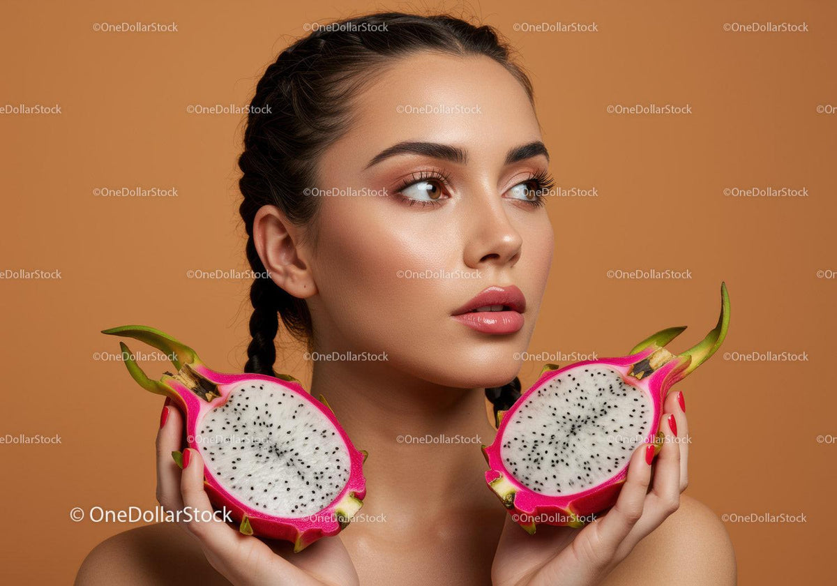 Portrait of a Woman Holding Dragon Fruit with Perfect Makeup and Natural Style