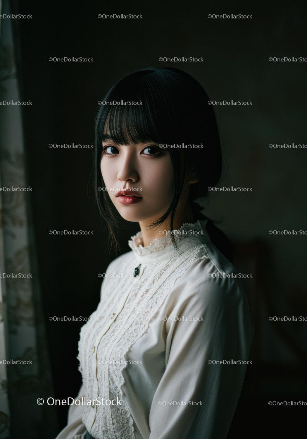 Elegant Portrait of a Young Woman in Vintage White Blouse Indoor