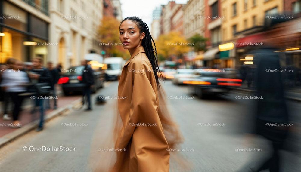 Chic Woman in Brown Coat Walking Through Busy City Street Stock Photo Bundle preview