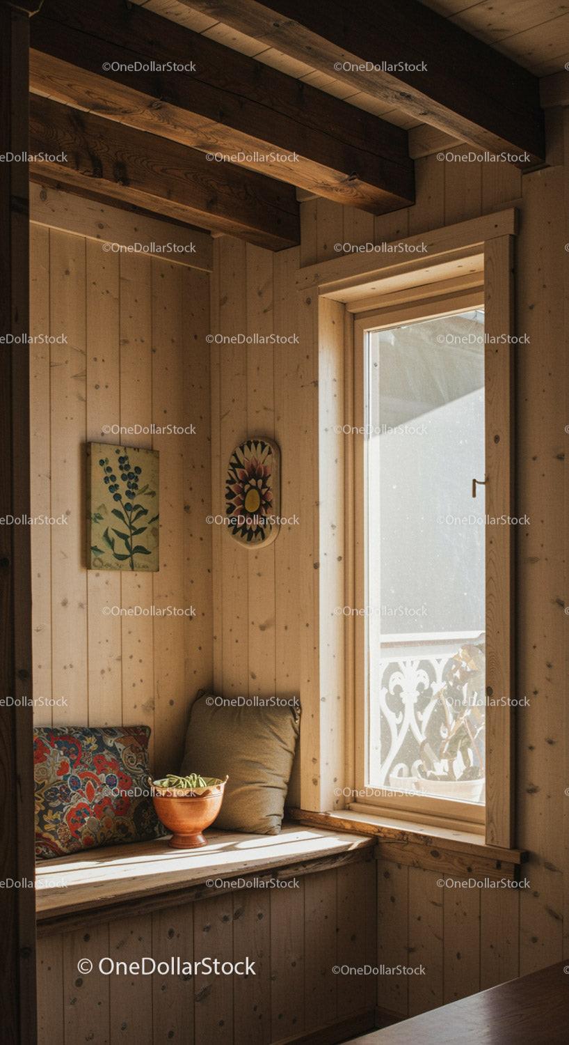 Cozy wooden interior with window and cushions