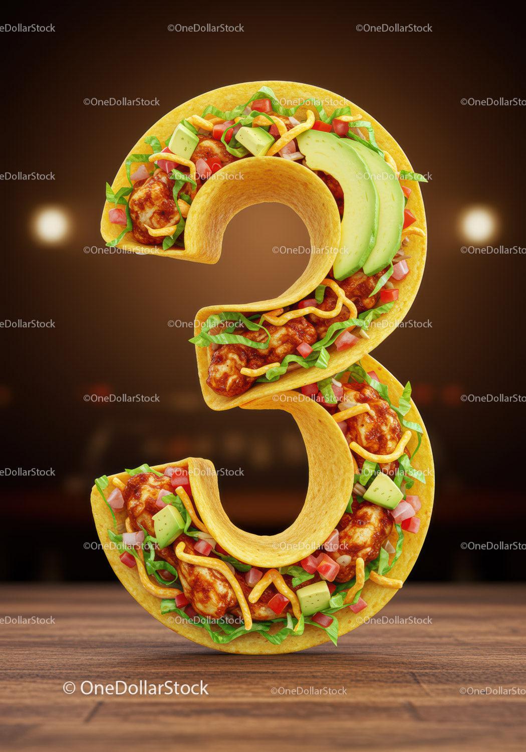 Number Three Shaped Tacos with Fresh Ingredients