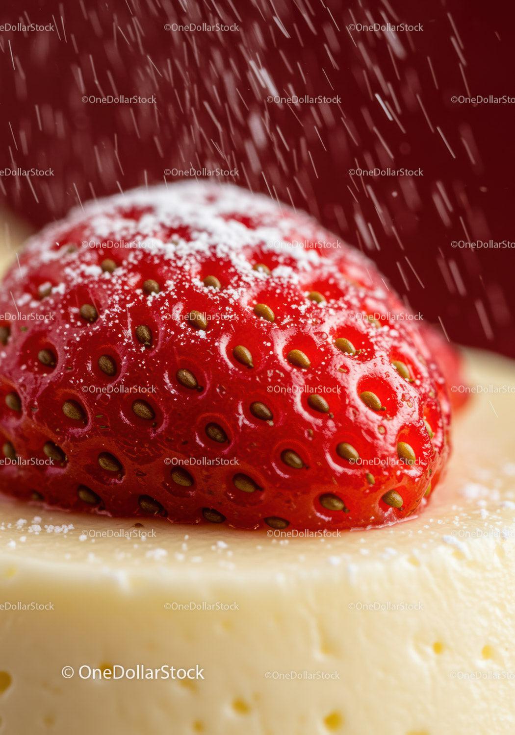 Fresh strawberry topped cheesecake with powdered sugar