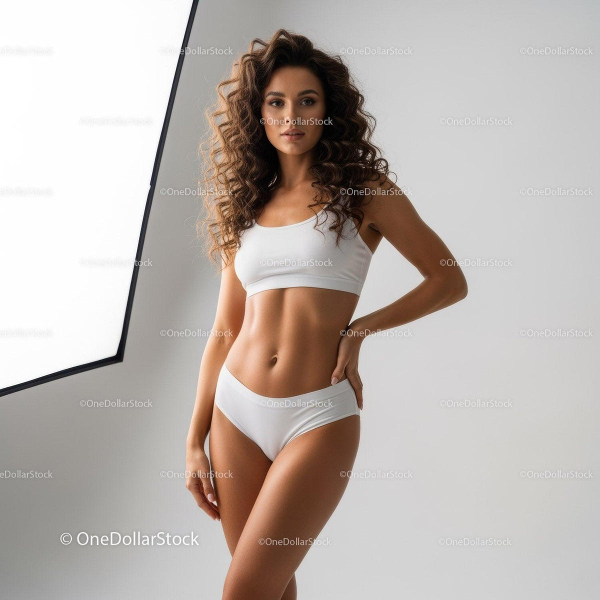 Elegant Young Woman in White Sportswear with Curly Hair posing