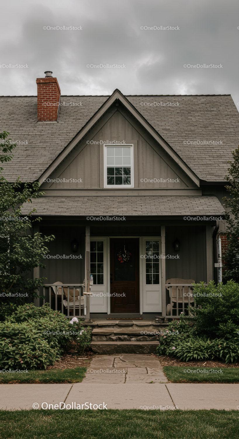 Cozy gray house exterior with inviting porch and greenery