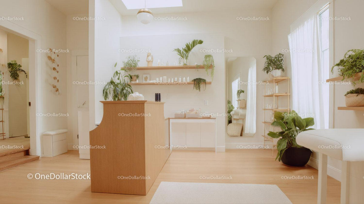 Bright Modern Living Room with Houseplants and Wooden Decor