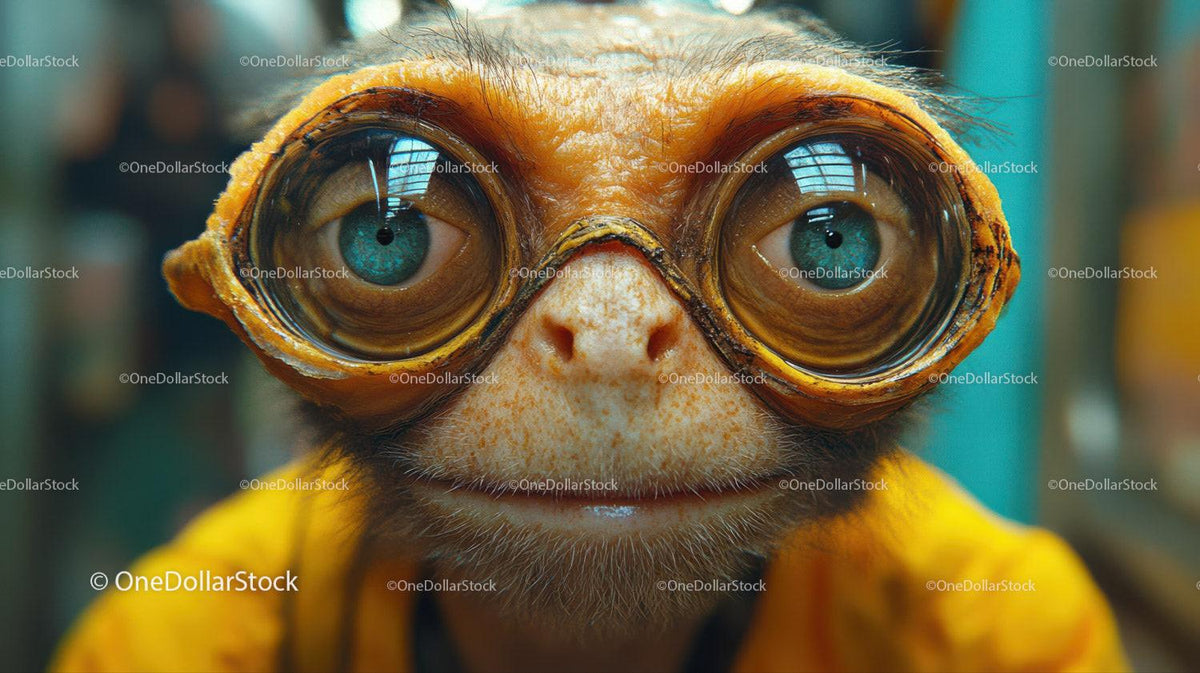 Close-up of character with large blue eyes wearing glasses on yellow-orange textured face