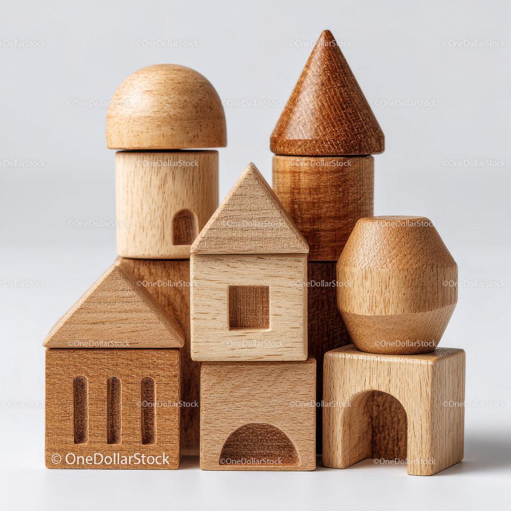 Stacked wooden building blocks with geometric shapes in various natural wood tones on white background