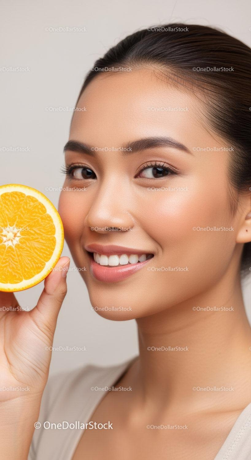 Beautiful Woman Holding Slice of Orange for Fresh and Vibrant Skin
