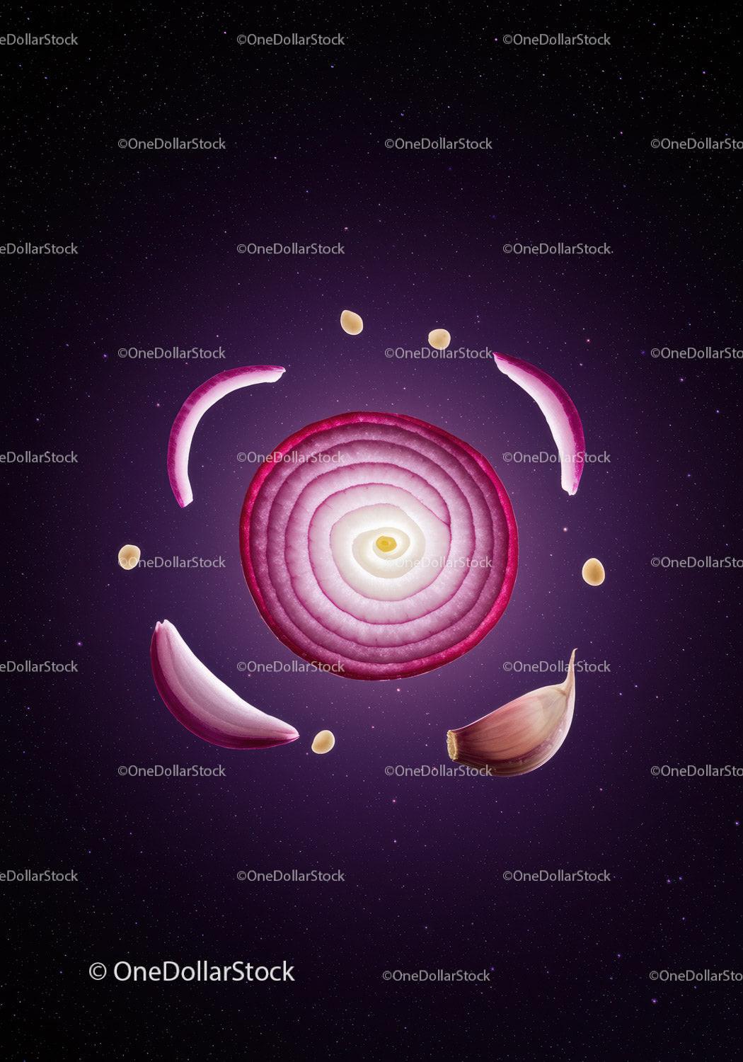 Sliced Red Onion and Garlic Cloves Floating in Space