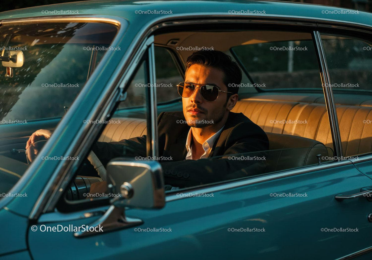 Stylish Man in Sunglasses Sitting in Classic Vintage Car at Sunset Stock Photo Bundle preview 37