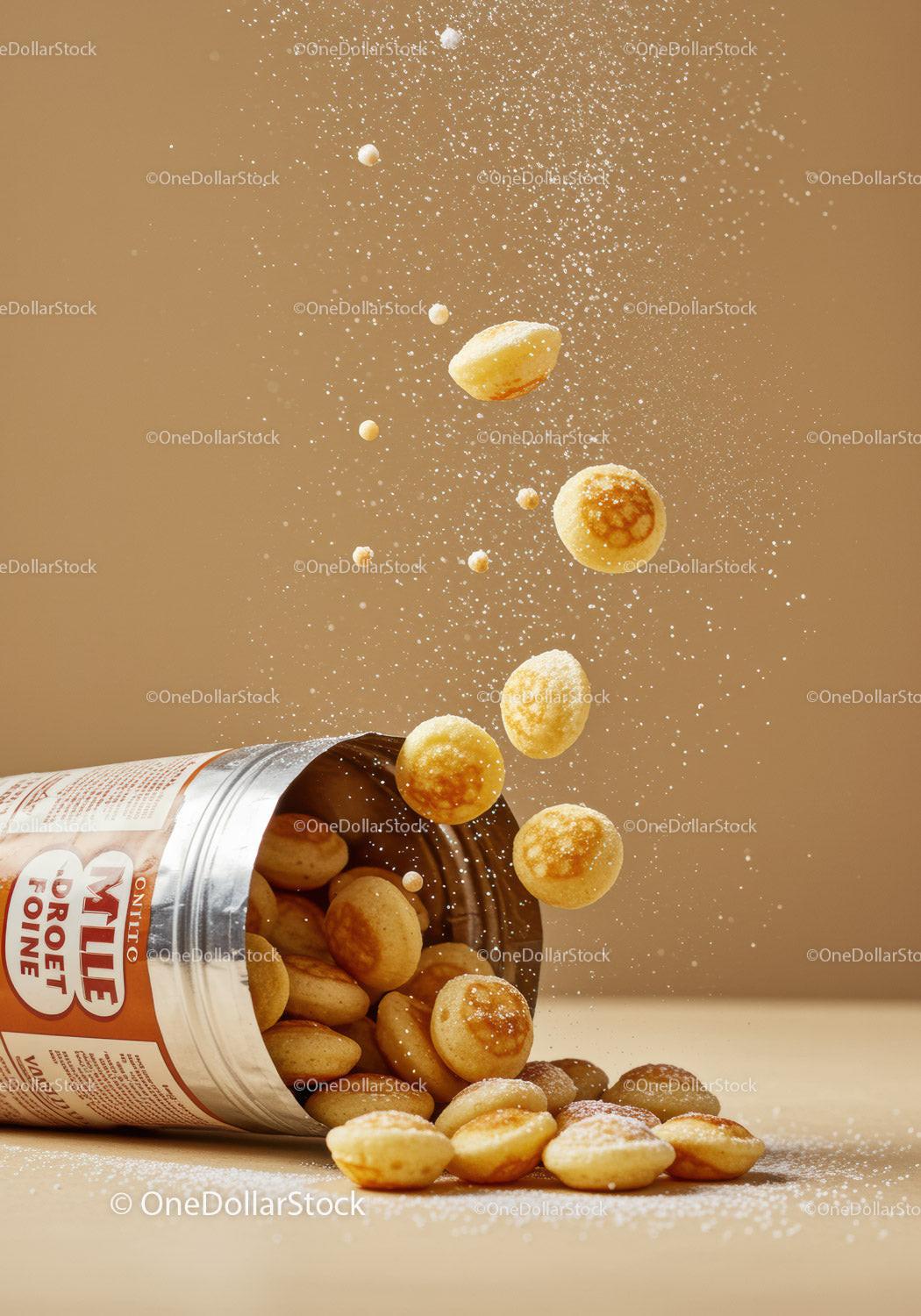 Mini pancake cereal spilling from opened canister