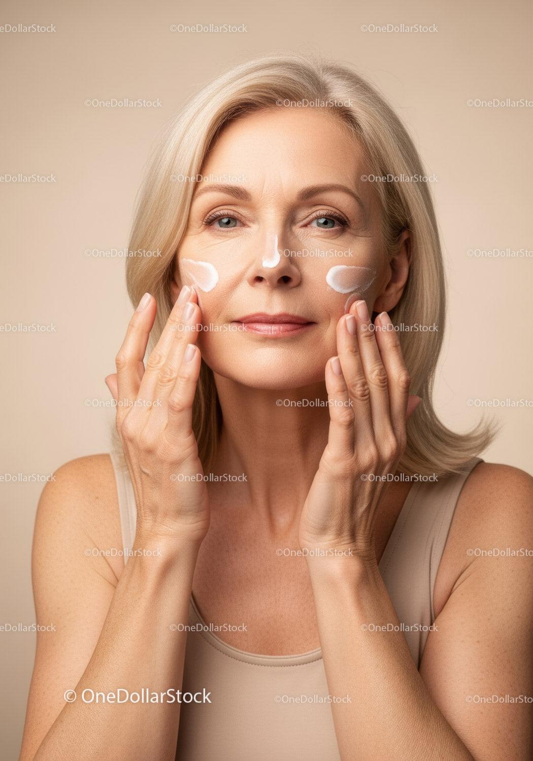 Elegant Mature Woman Applying Skincare Cream for Radiant Skin