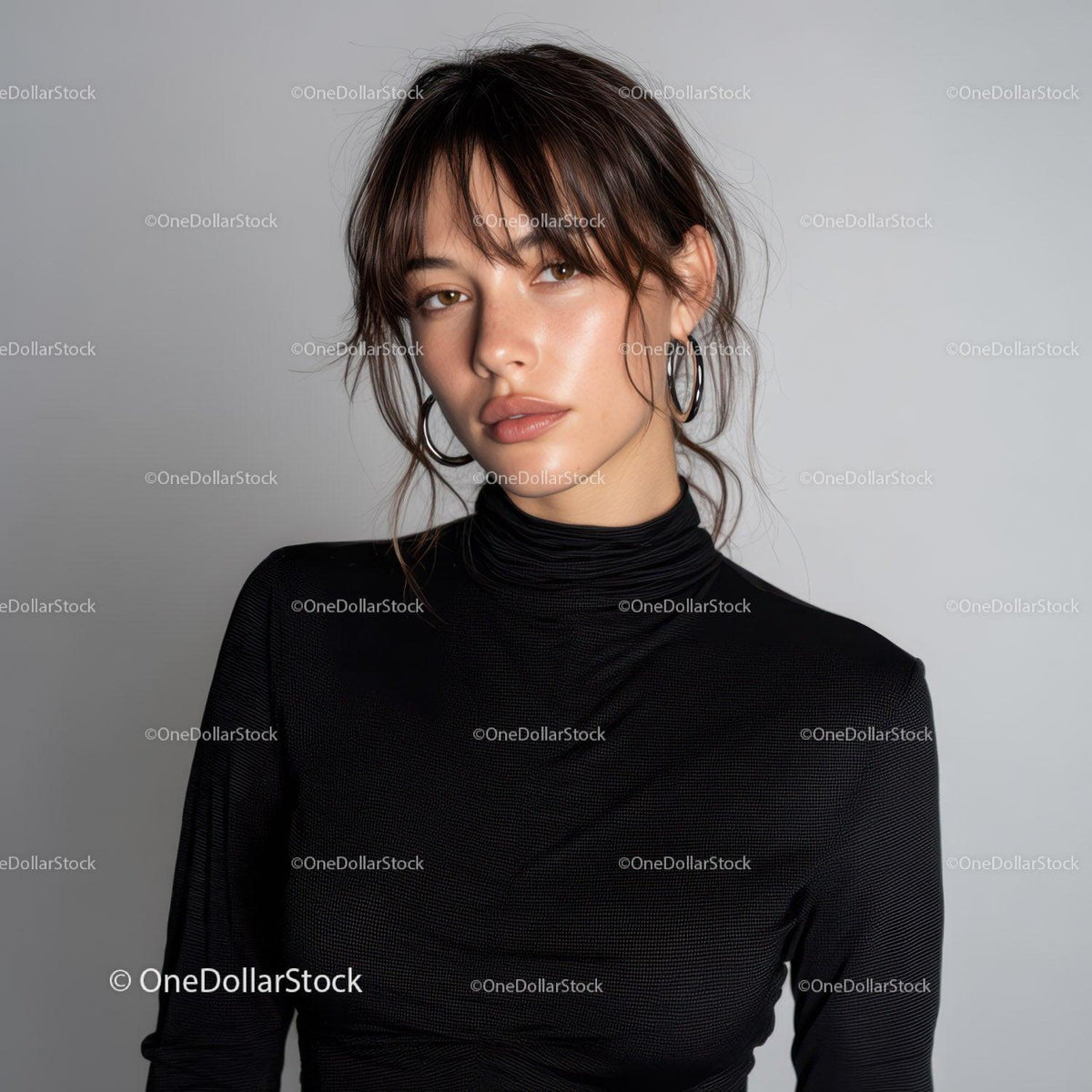 Stylish Woman in Black Turtleneck with Earrings Portrait