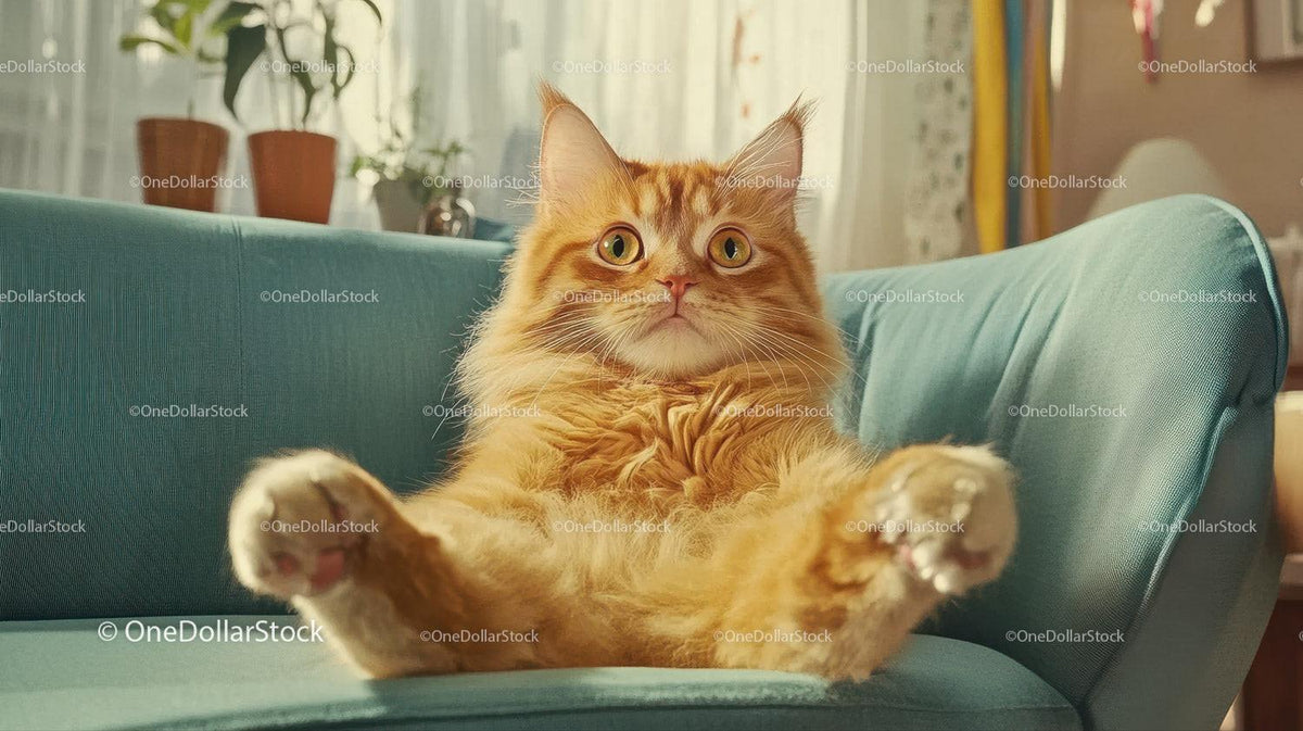 Fluffy orange cat sitting upright on blue couch with outstretched front legs