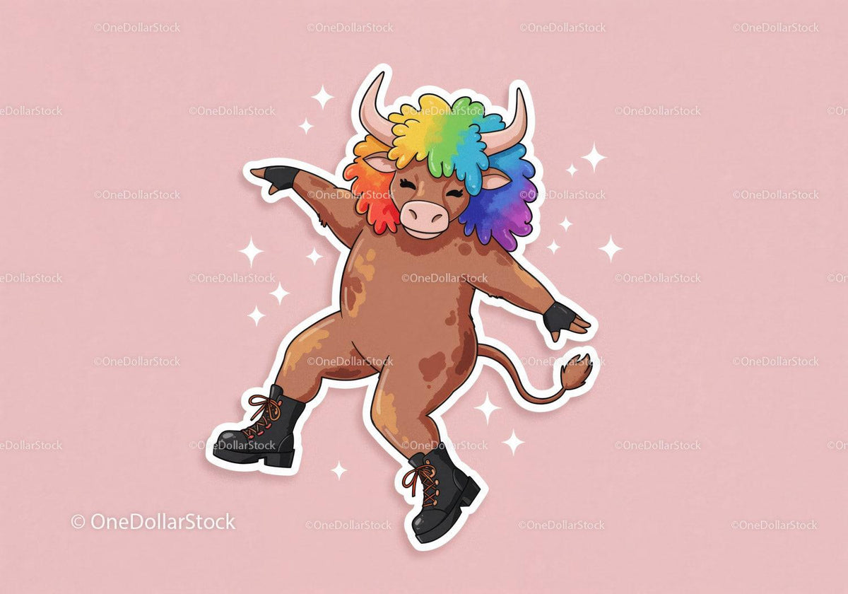 Colorful Cartoon Bull with Rainbow Hair in Funky Streetwear 38 JPG Files digital asset preview