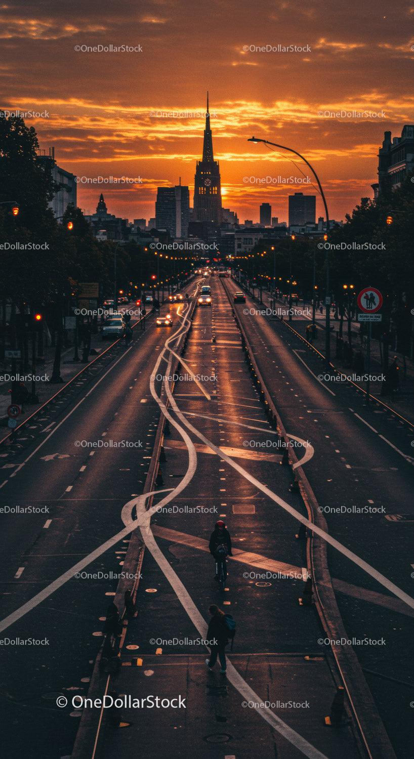Sunset over City Skyline with Twilight Streets and Moving Traffic