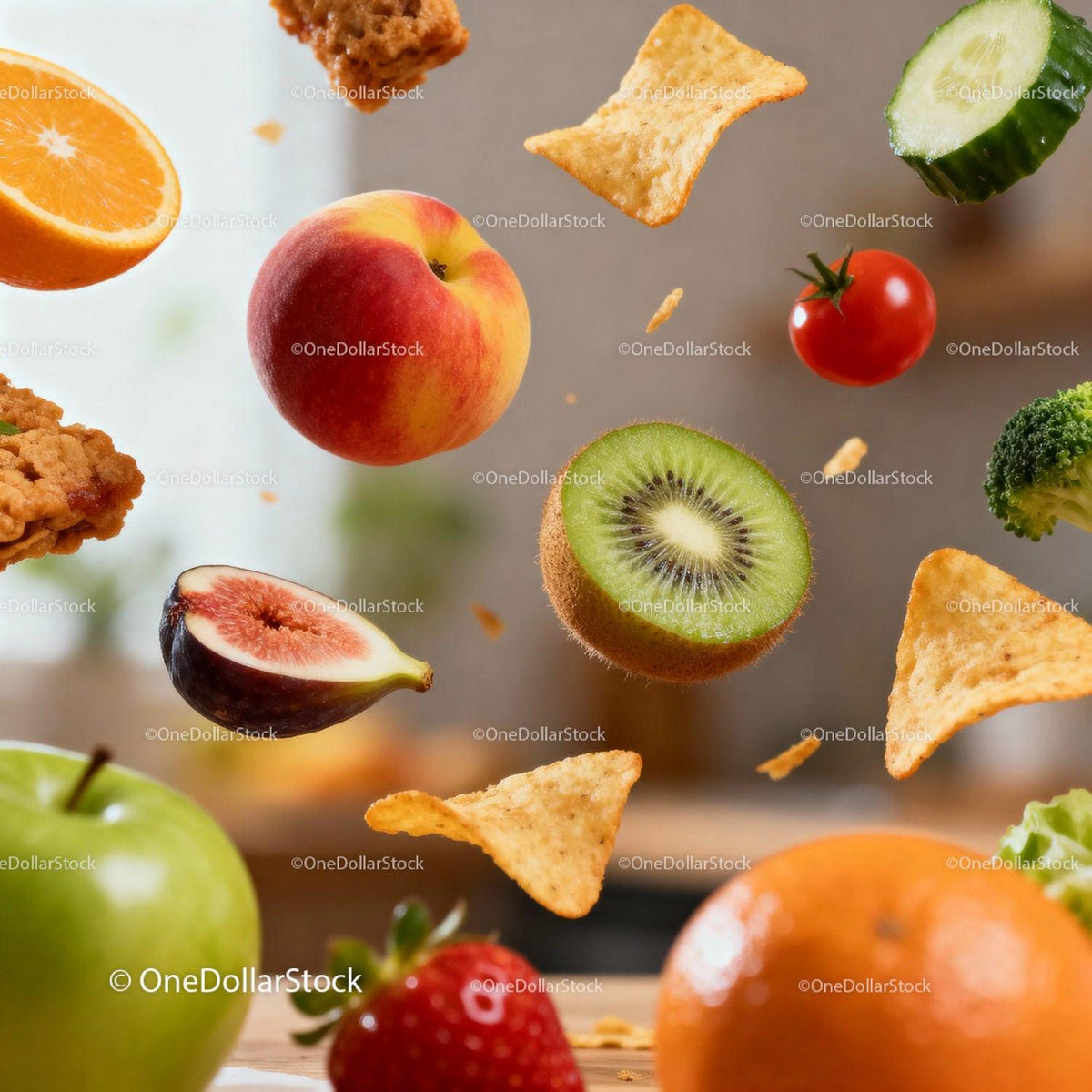Fresh fruits and crispy snacks flying in air