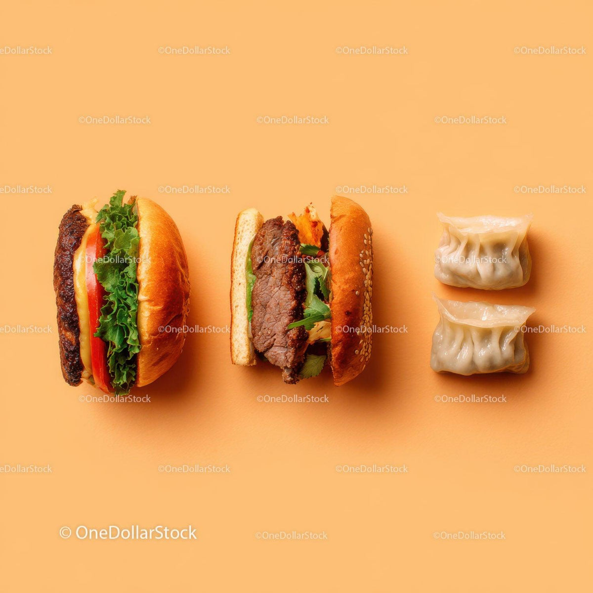 Gourmet Burger with Lettuce and Tomato Next to Grilled Steak and Dumpling Stock Photo Bundle preview 41