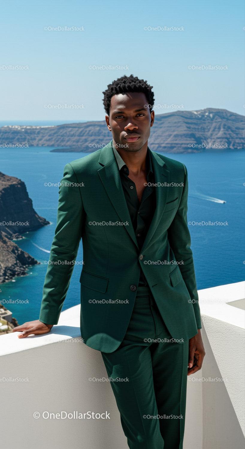 Confident man in green suit overlooking coastal cliffs