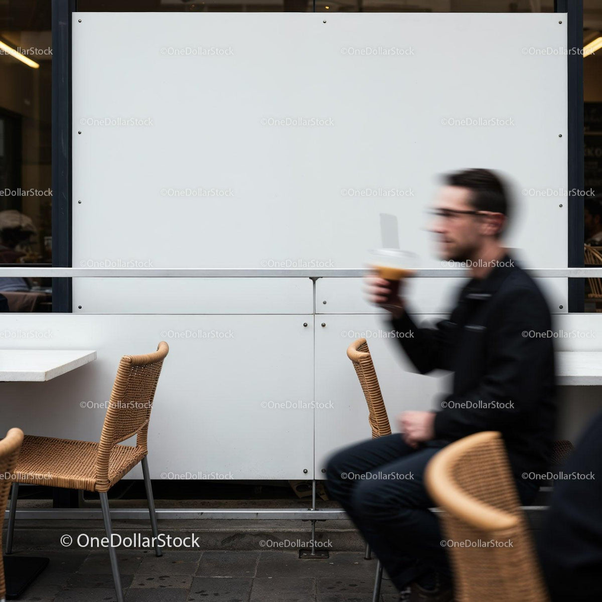 Blurred man drinking coffee at outdoor cafe seating JPG Mockup Image preview