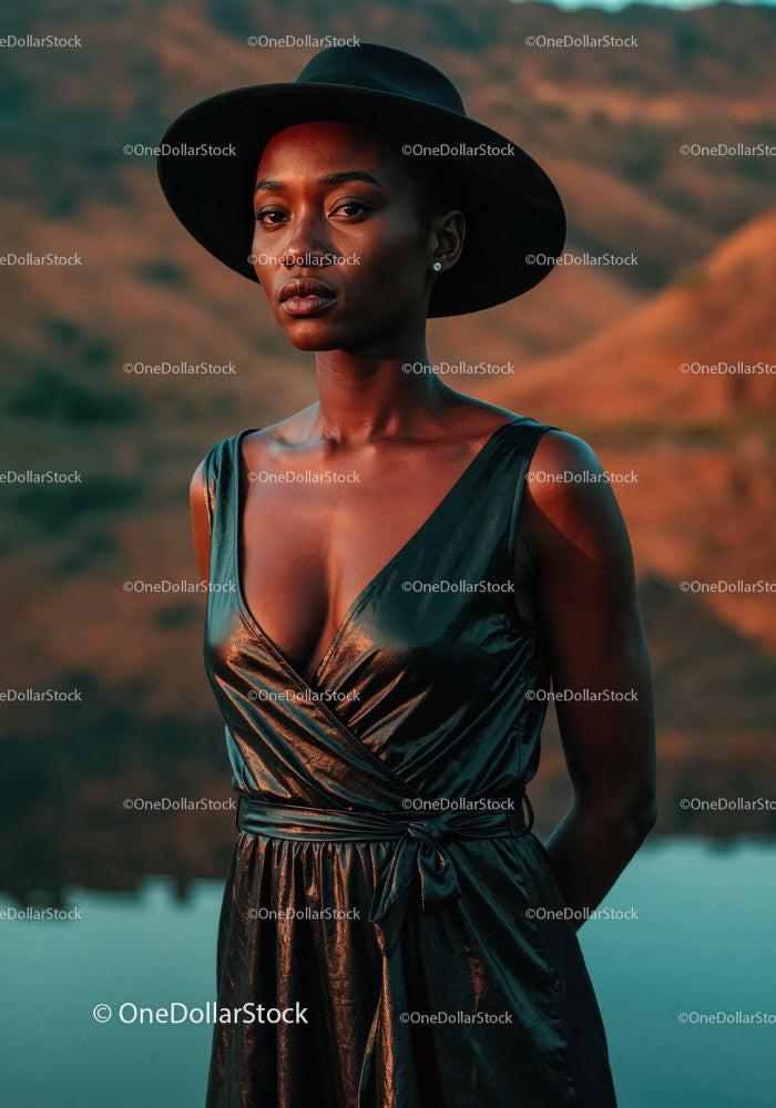 Stylish Woman in Satin Dress and Wide-Brimmed Hat Outdoors