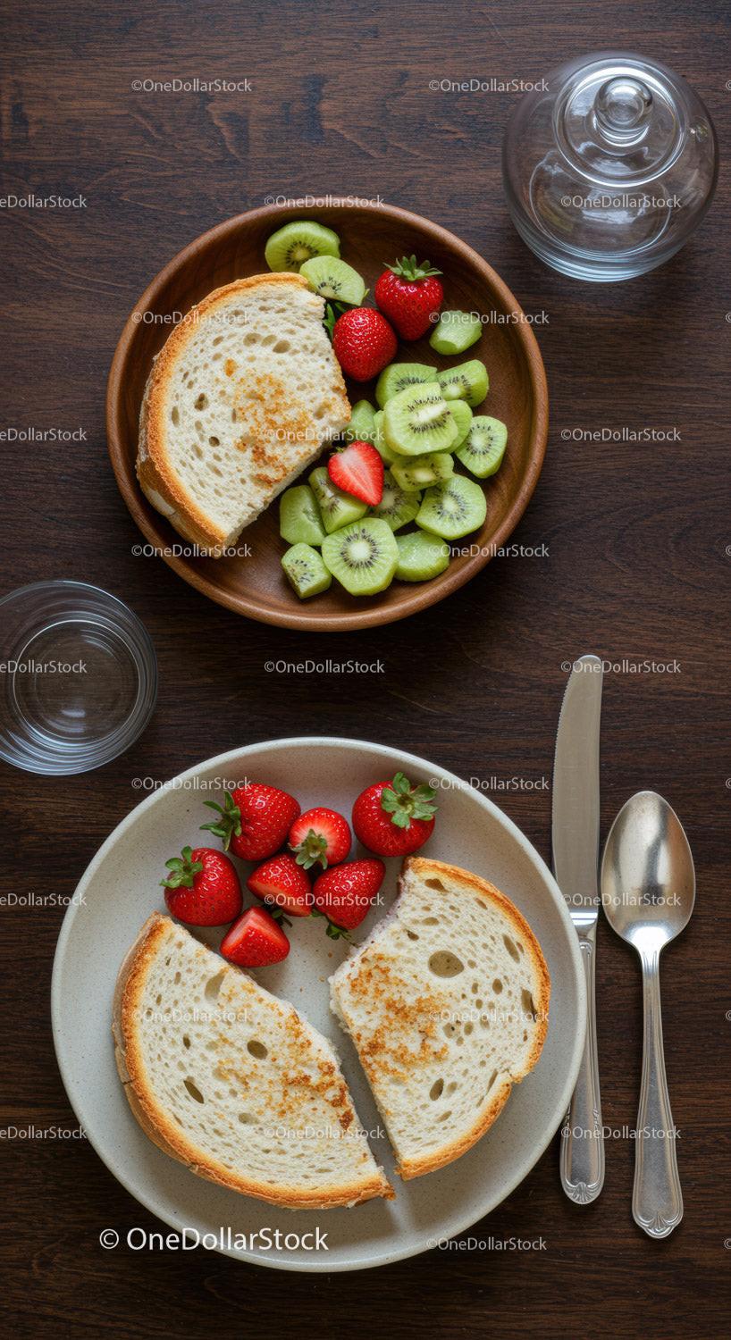Healthy breakfast with toast, strawberries, and kiwi slices