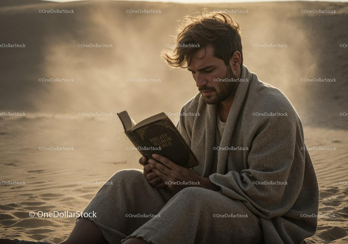 Man in Casual Clothing Reading Book in Desert During Dust Storm Stock Photo Bundle preview 10