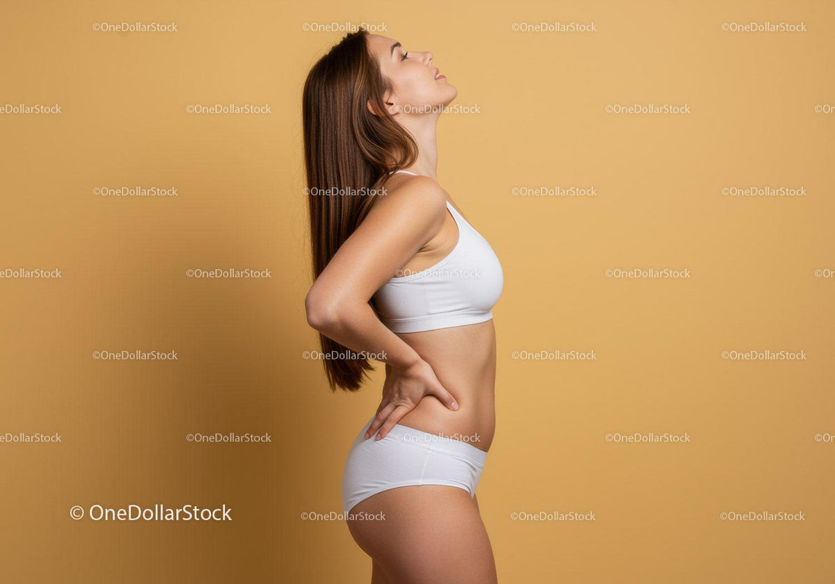 Young Woman with Toned Physique in White Sportswear on Beige Background