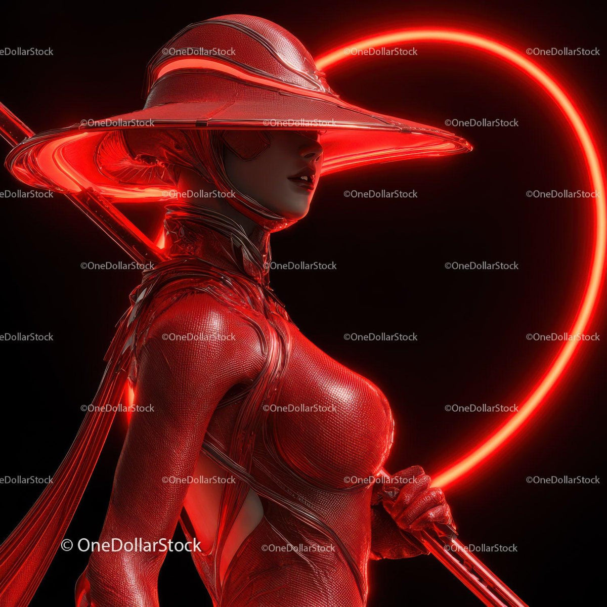 Futuristic Samurai in Neon Red Armor Holding Umbrella Stock Photo Bundle preview 38