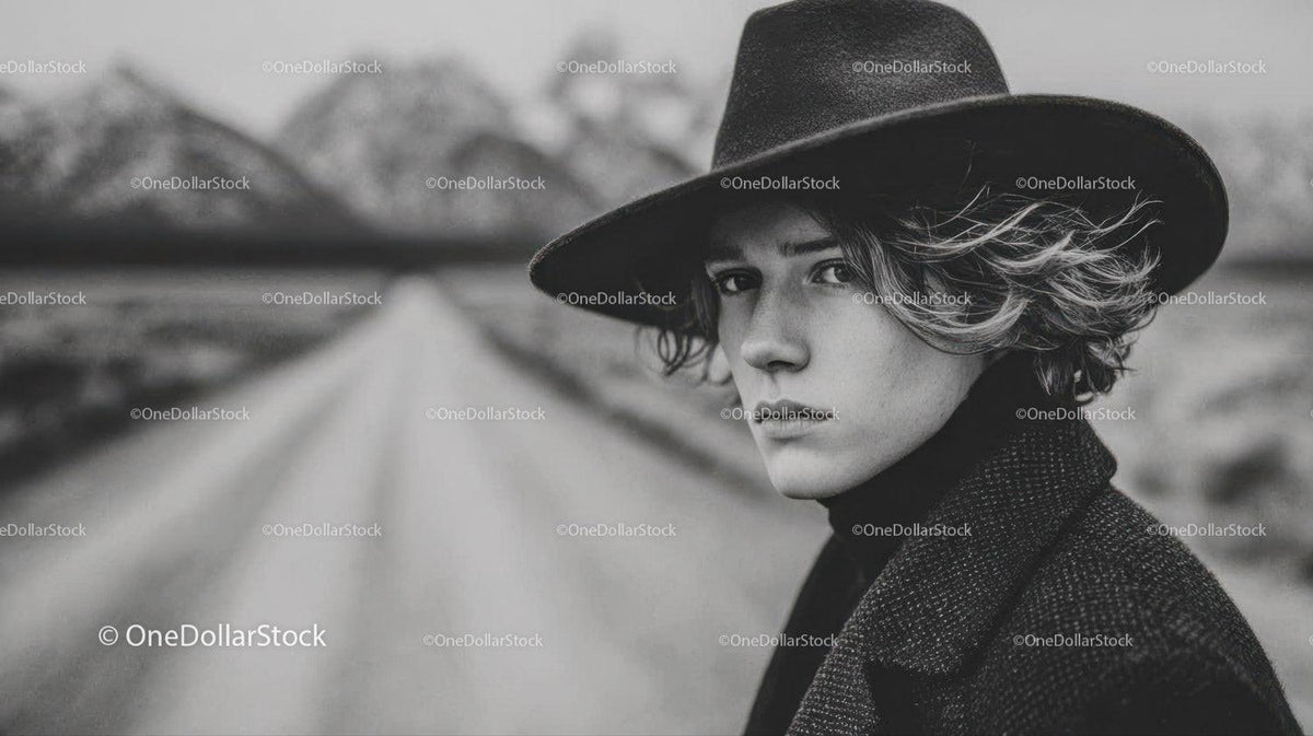 Black and White Portrait of Woman Wearing Wide-Brimmed Hat in Outdoors