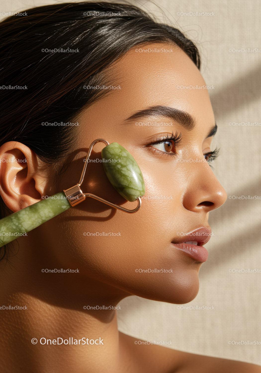 Woman with Jade Roller Performing Facial Massage for Healthy Skin