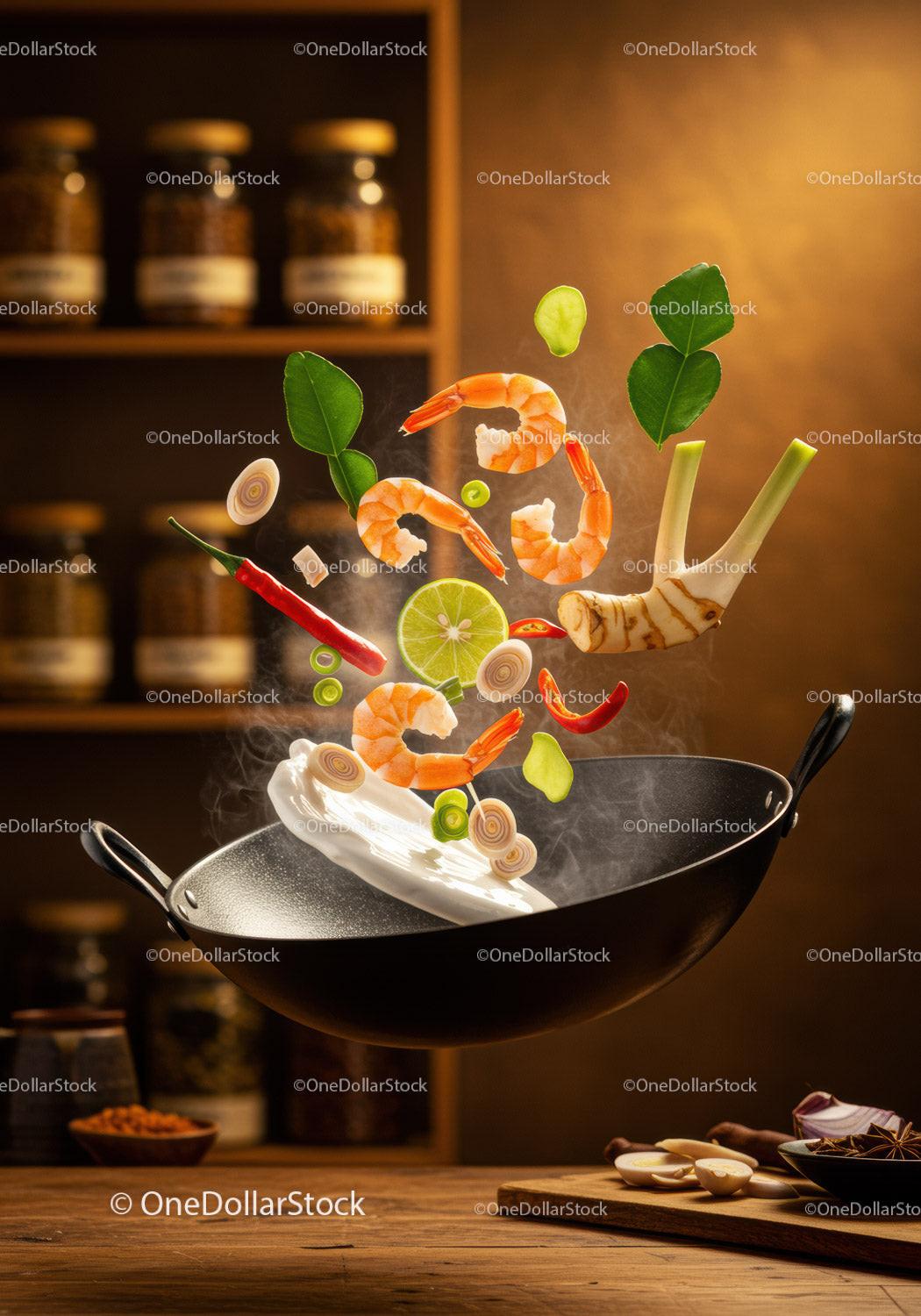 Fresh ingredients flying out of wok in cozy kitchen