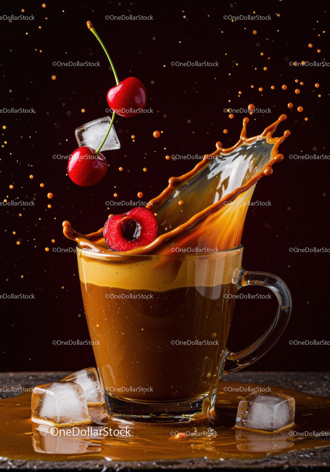 Splashing coffee with cherries and ice cubes in glass cup